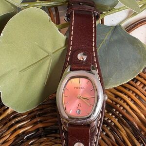 Y2K Fossil f2 Watch Pink Dial Silver Oval Case Brown Leather Cuff Strap